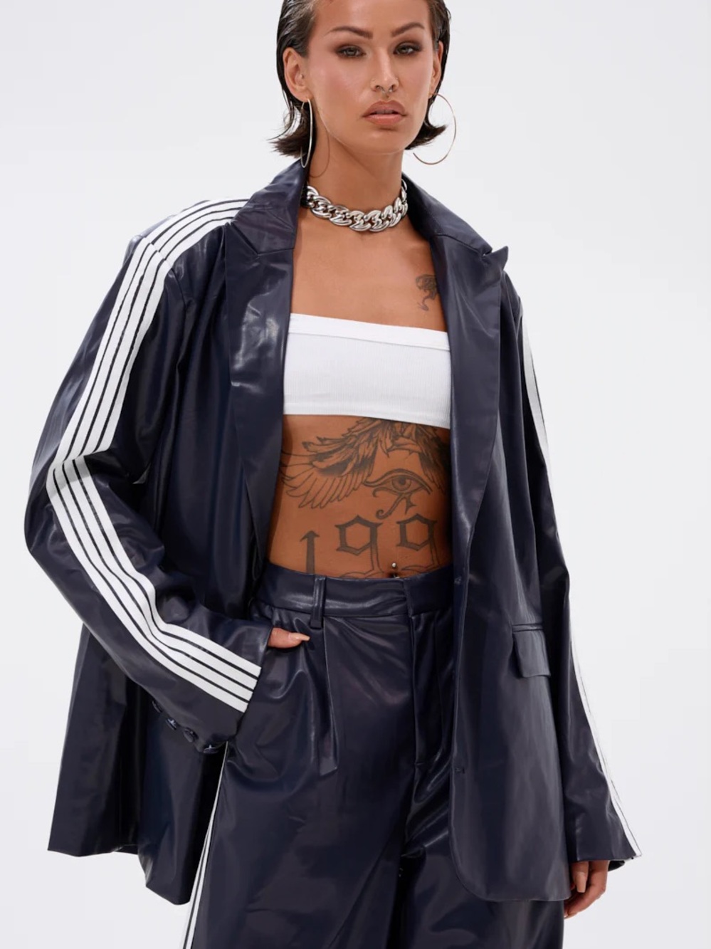 AKIRA Vegan Leather Blazer with White Stripe Detail